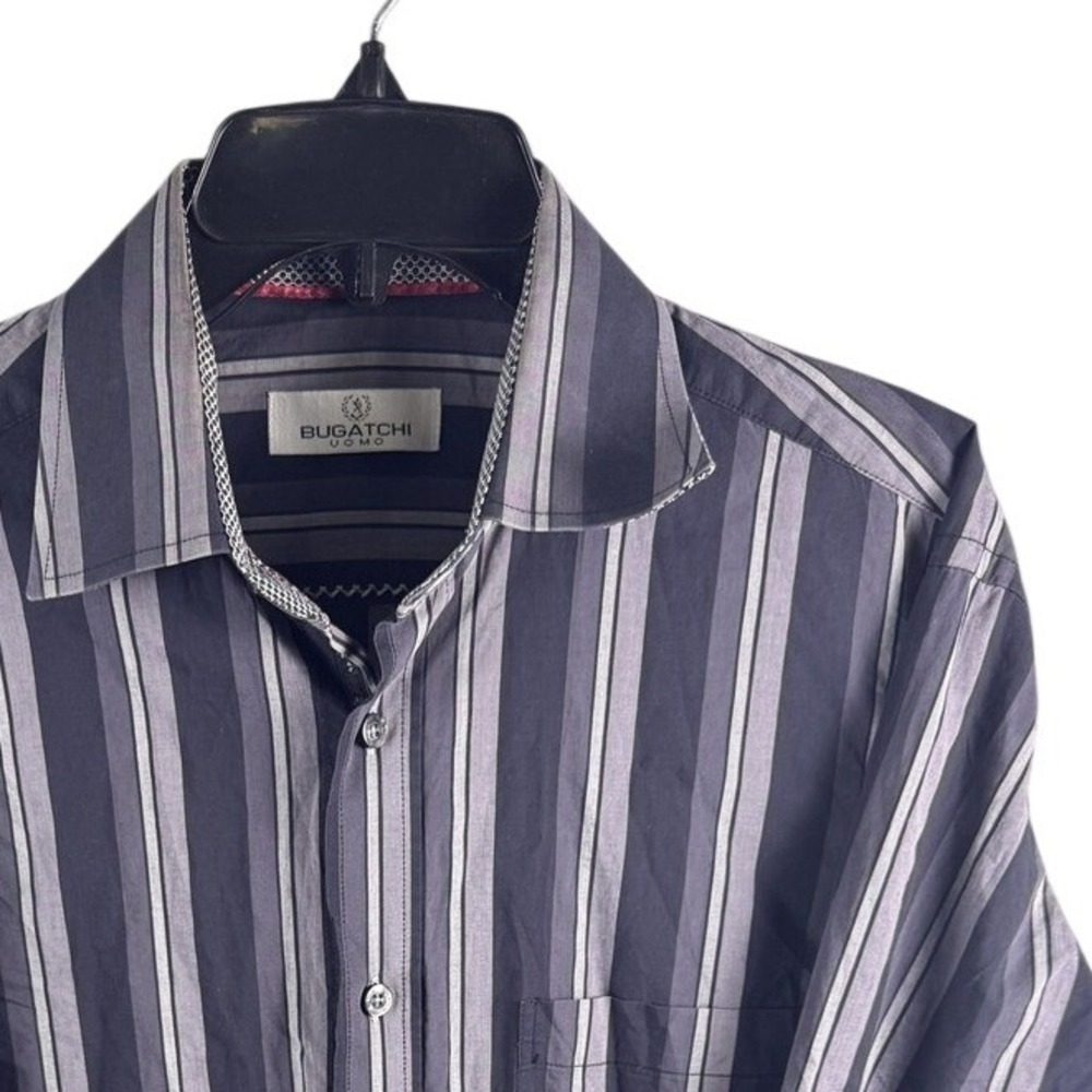 Bugatchi Shirt Mens XL Gray Striped Button Up Long Sleeve Cotton Casual